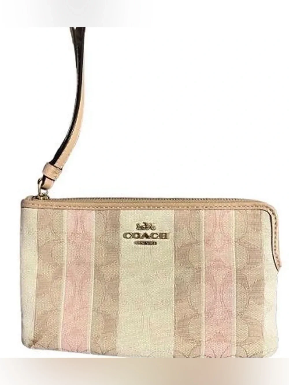 Coach Striped Pink Cream Signature Wristlet with Gold Logo